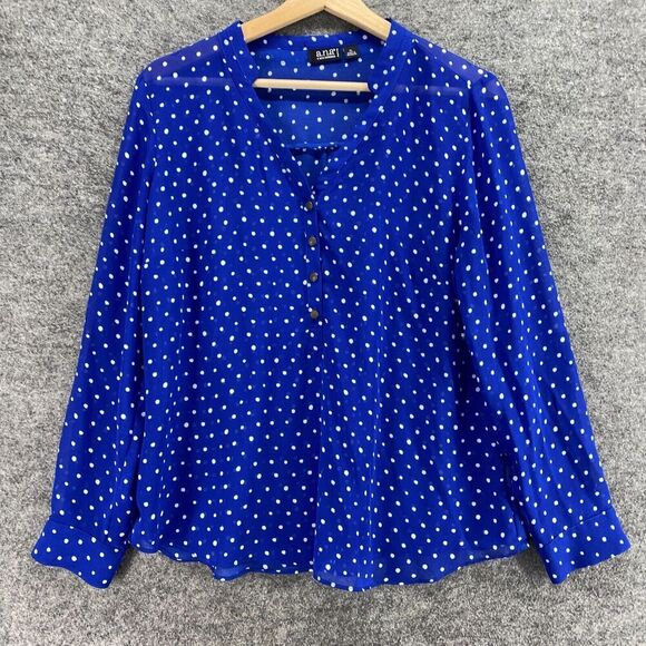 5/$45 A New Approach Blouse Women PL Petite Blue Polka Dot 1/2 Button V-Neck - Picture 4 of 9